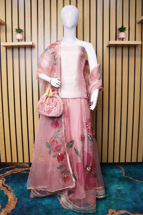 Tea Pink Lehenga Choli Set (Complimentary Potli Bag) – Semi Stitched