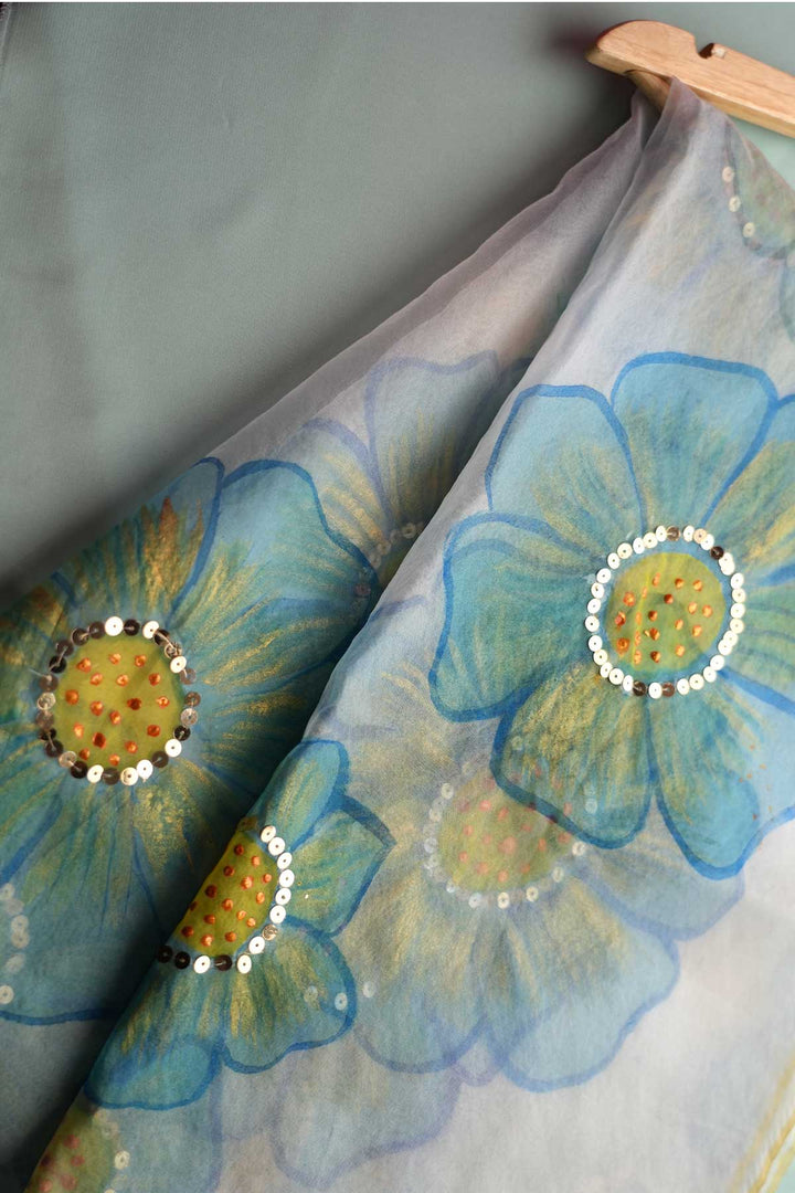 Blue Floral Handpainted Dupatta Design