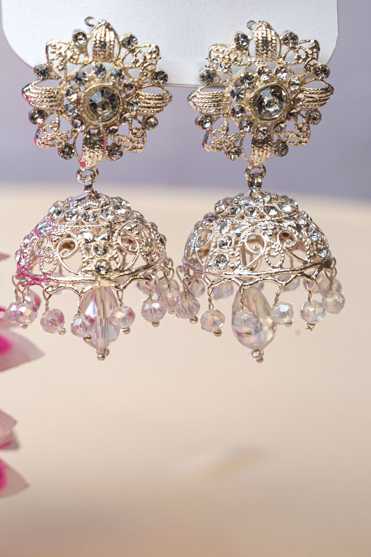 Oversized Jhumkas in white Rhinestone – Madiha Jahangir