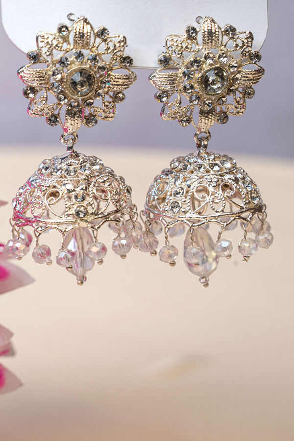 Oversized Jhumkas in white Rhinestone