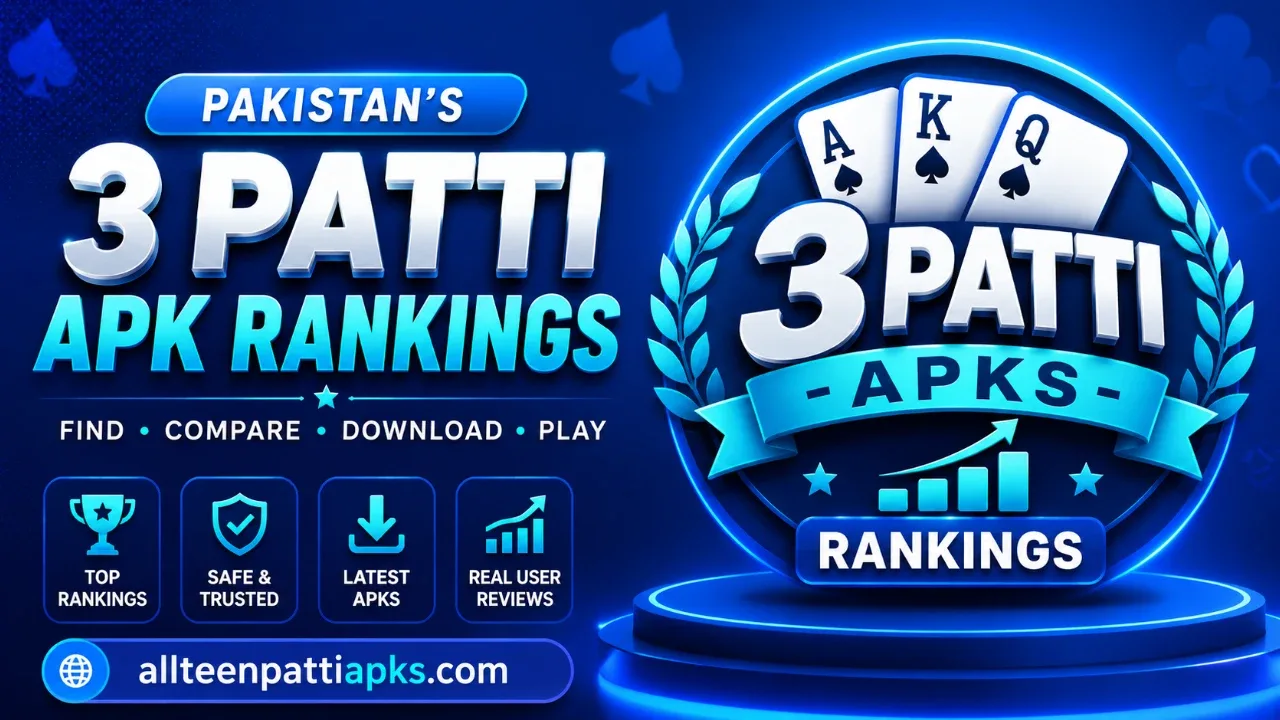 AllTeenPattiAPKs neon leaderboard banner highlighting ranked Teen Patti APK tiles, cyan edge glow, and bold download CTAs on a dark navy field